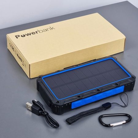 Внешний аккумулятор Powerbank 36000 mAh IP65 с солнечной батареей и фонариком синий